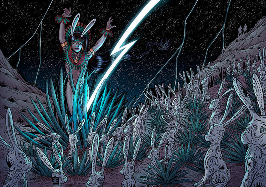 Illustration of Mayahuel, the Aztec maguey goddess, arising in the mountains of Oaxaca